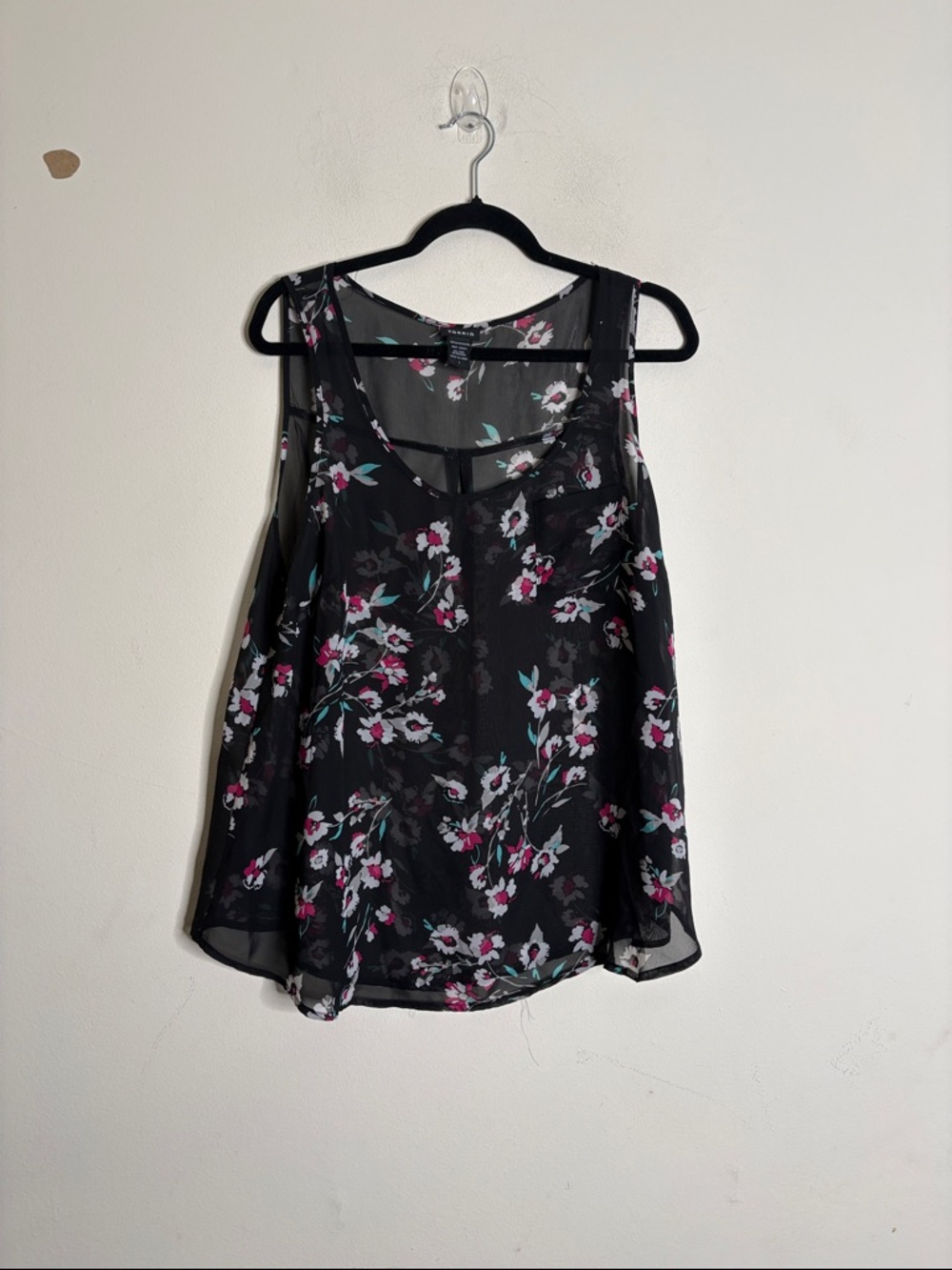 torrid Black Sheer Floral Tank with Pink and Teal Details